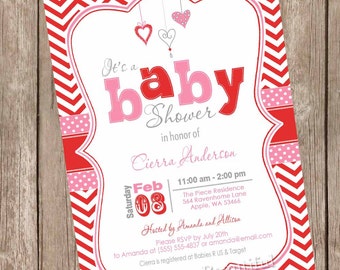 Valentine's day baby shower invitations, pink and red chevron hearts shower invite, sweetheart baby shower cards, girl valentine invites