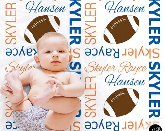 Football baby blanket, boy or girl football sports name blanket, team color personalized football swaddle blanket, football baby gift