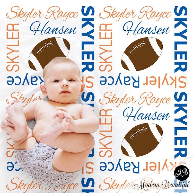 Football baby blanket, boy or girl football sports name blanket, team color personalized football swaddle blanket, football baby gift image 1
