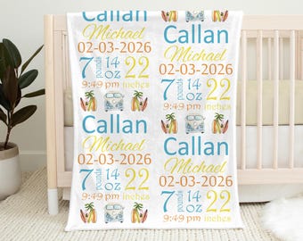 Surfer Birth Stats Blanket Newborn Surfboard Gift Birth Info