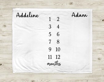 Twin monthly milestone baby blanket, newborn twins personalized monthly growth blanket with name, boys or girls, black and white, any colors