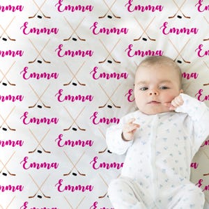 Pink hockey baby blanket, personalized hockey stick name blanket, newborn baby girl hockey gift, hockey baby swaddle, (CHOOSE COLORS)