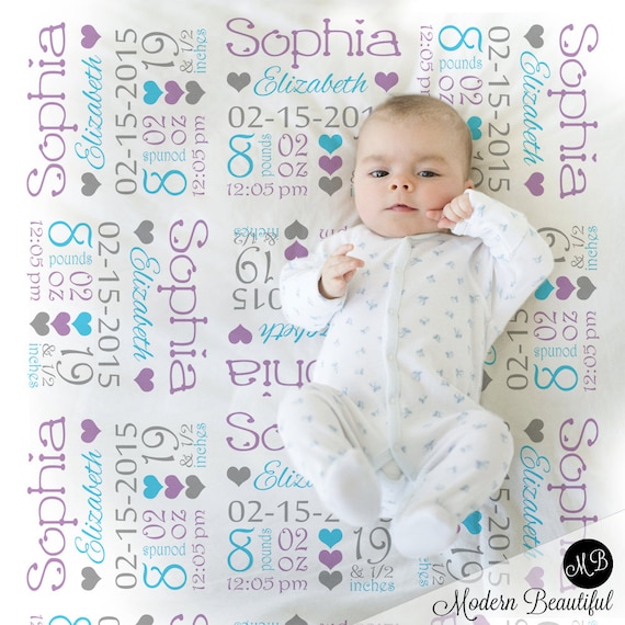 Personalized hearts birth stats baby blanket, newborn birth info name