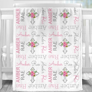 Baptism baby blanket girl personalized christening blanket newborn religious gift with name and cross with pink flowers for baby girl