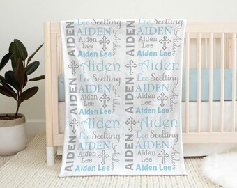 Baby Blanket: Personalized Cross Design - Blue Religious Newborn Gift
