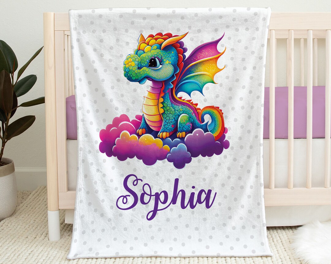 Rainbow Dragon Baby Blanket, Girl Personalized Dragons Swaddle Name