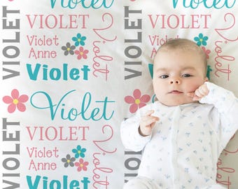 Personalized Flower Baby Girl Name Blanket: Newborn Baby Girl Shower Gift