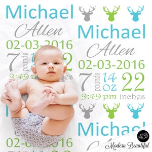 Deer antler birth stats blanket boy or girl deer hunting birth info gift newborn birth info anter rack personalized baby gift, deer baby