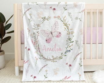 Wildflower butterfly girls blanket, newborn baby name blanket with flowers, spring baby girl name swaddle, floral wildflowers baby gift