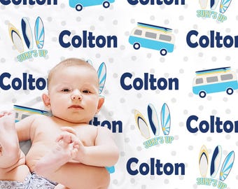 Personalized Surfer Baby Blanket Surf Board Newborn Swaddle Gift or Toddler Blanket