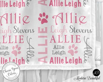 Puppy Paw Print Baby Blanket - Toddler Personalized Gift with Name, Soft Fleece