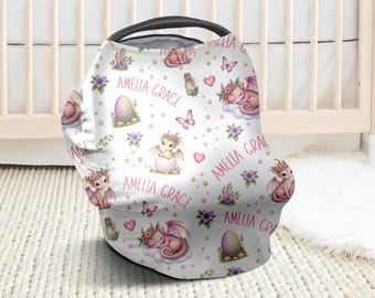 Dragon personalized car seat canopy cover, pink dragon infant seat cover, baby name carseat cover, dragon baby gift with name