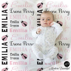 Ladybug Baby Blanket in pink and black for Baby Girl, personalized baby gift, ladybugs baby blanket, personalized blanket, choose colors