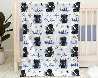 Dragon baby blanket in blue, newborn personalized dragons name blanket, boys dragon baby gift, baby boys dragon theme swaddle