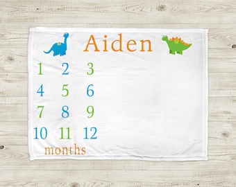 Dinosaur milestone baby blanket, dino newborn personalized baby growth blanket, name blanket, boy or girl, dinosaur baby gift CHOOSE COLORS