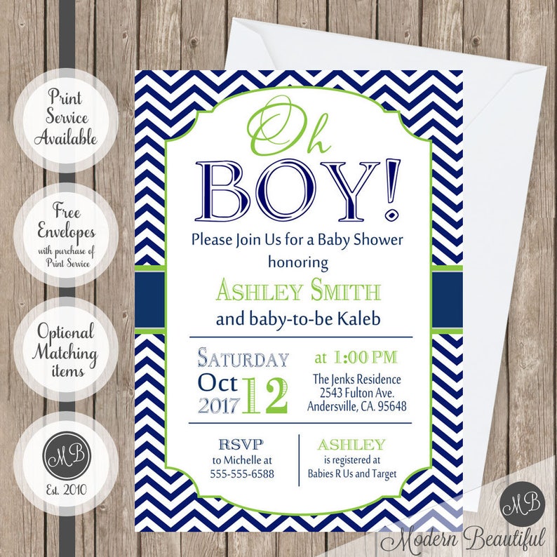 Oh boy baby shower invitations, baby boy lime and navy baby shower invite cards, chevron party invitations, oh baby, CHOOSE COLORS image 1