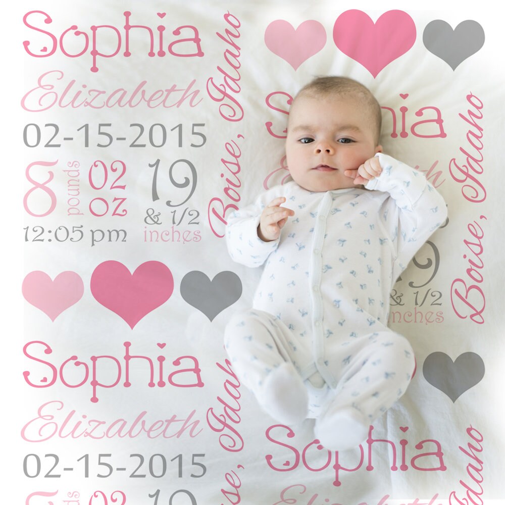 Pink and Gray Baby Stats Blanket Personalized Blanket Stats Blanket Girl Baby Blanket Baby Shower Gift Receiving Hearts 1006 Etsy Canada