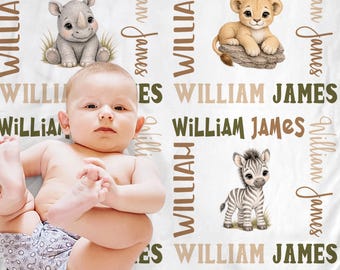 Personalized safari animals baby boy blanket, newborn animal name blanket, lion, rino, zebra swaddle infant gift