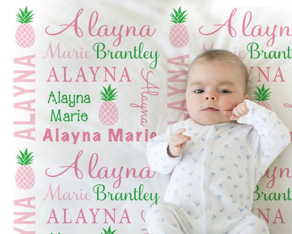 Pineapple Name Blanket in pink and green for Baby Girl, personalized baby gift, blanket, baby blanket, personalized blanket, choose colors Il_570xn