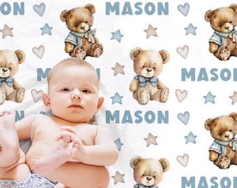Manta personalizada para bebé con osito de peluche, manta para recién nacidos con nombre, ositos de peluche azules y marrones, regalo para bebé (ELIGE LOS COLORES)