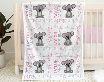 Koala bear baby blanket, baby girl personalized koala name swaddle blanket, newborn koalas baby gift in pink and gray (CHOOSE COLORS)