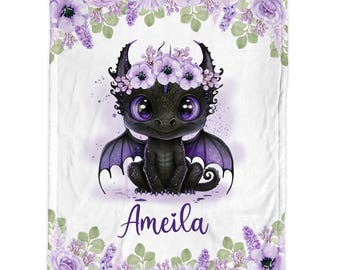 Manta personalizada para bebé niña con diseño de dragón: Arrullo con nombre y flores para recién nacida