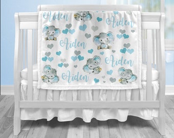 Elephant baby blanket personalized, boy, blue, baby name blanket, hearts, elephant baby gift, hearts, baby boy elephant blanket