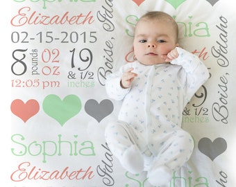 Mint and coral baby birth stats blanket, personalized heart name blanket, girls newborn birth info heart swaddle blanket, (CHOOSE COLORS)