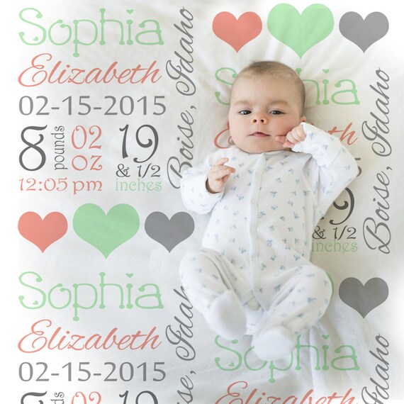 Mint and coral baby stats blanket, personalized blanket, stats blanket, girl baby blanket, baby shower gift, receiving, hearts, 1006 Il_570xn