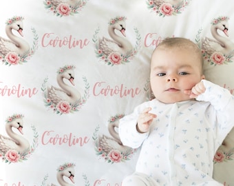 Baby Swaddle Blanket: Pink Swan Floral Toddler Gift - Personalized with Name