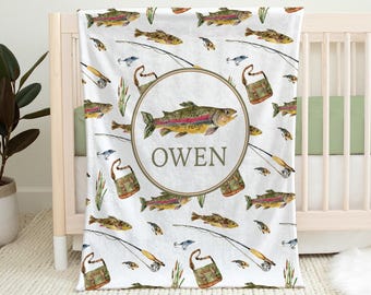 Personalized Trout Baby Blanket: Watercolor Fishing Pole Swaddle