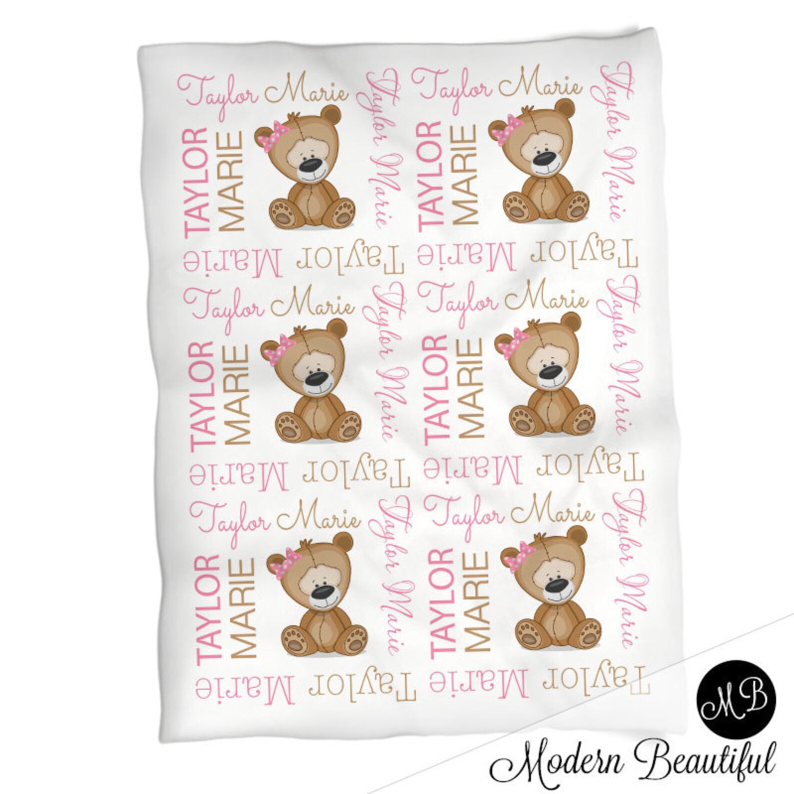 Teddy Bear Name Blanket Girl Pink Bear Personalized Blanket Etsy
