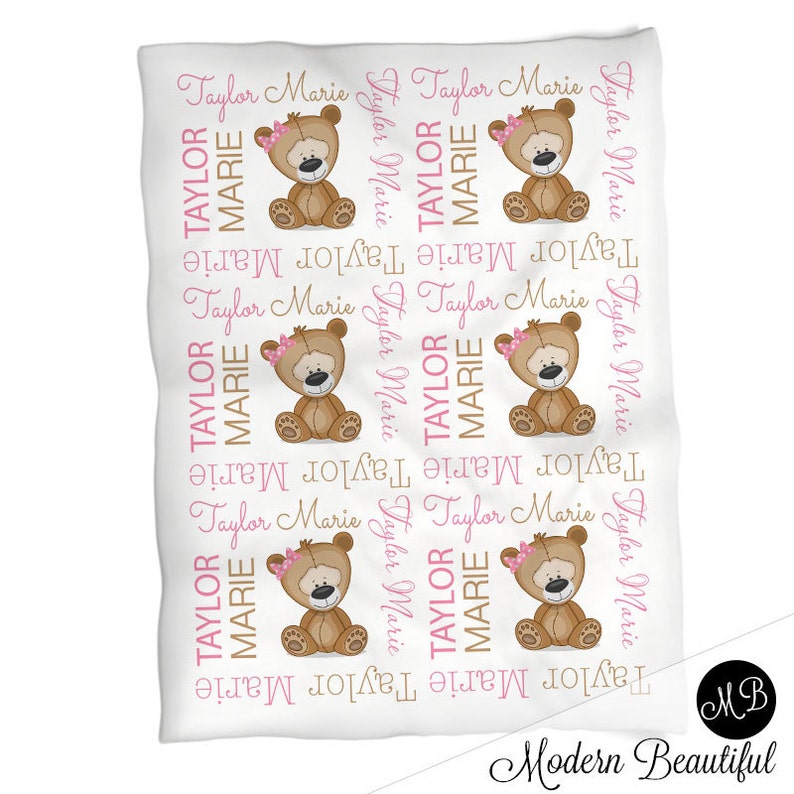 Teddy Bear Name Blanket Girl Pink Bear Personalized Blanket Etsy