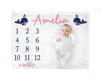 Manta para fotos con diseño de ballena para niñas: registro de crecimiento personalizado para bebés recién nacidos.