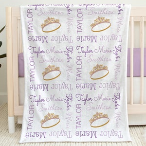 Princess crown baby blanket, personalized tiara name blanket, girls newborn princess swaddle, purple baby gift with crown, CHOOSE COLORS image 1