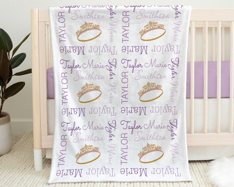 Princess crown baby blanket, personalized tiara name blanket, girls newborn princess swaddle, purple baby gift with crown, CHOOSE COLORS image 1