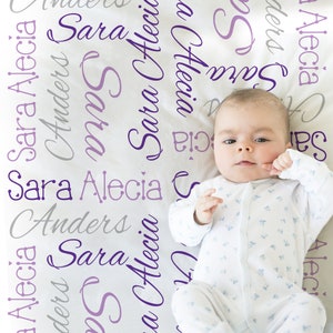 Purple baby girl name blanket, personalized swaddle blanket with name, purple script newborn blanket, cursive writing girl name blanket
