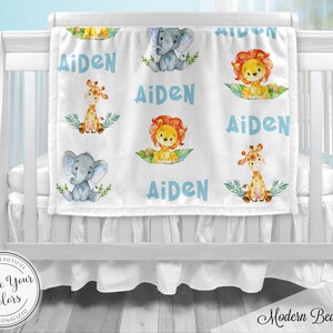 Safari animals baby blanket, personalized lion name blanket, newborn safari baby gift, baby boy or girls, giraffe, elephants (CHOOSE COLORS)