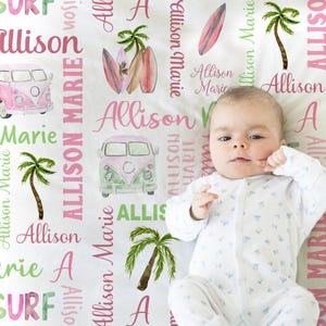 Personalized Surfer Girl Baby Name Blanket Surf Girl Surf Board Pink Baby Gift baby name blanket unique surfer baby shower gift newborn