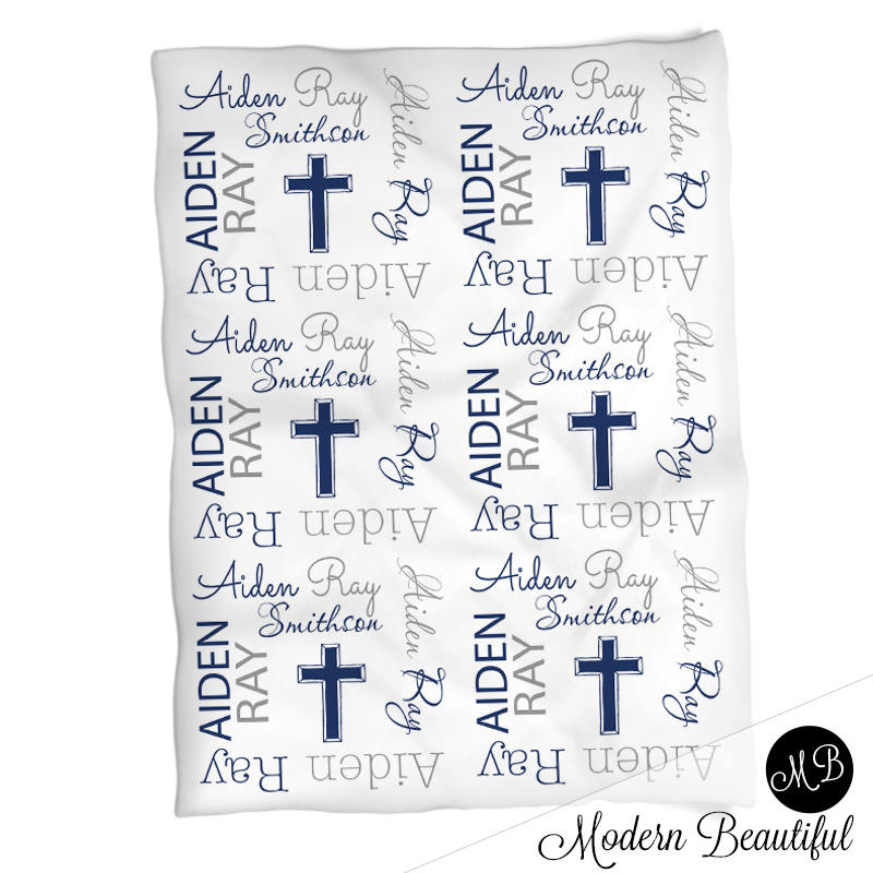 Baptism baby blanket in navy and gray for boy personalized Etsy