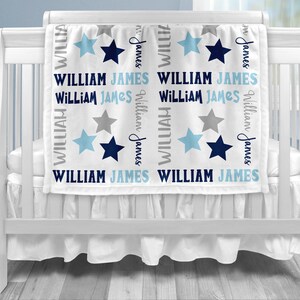 Blue and gray star baby boy blanket personalized blanket name blanket with stars, newborn star swaddle blanket, stars baby gift