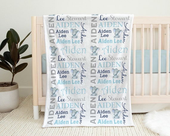 Elephant baby boys blanket, personalized baby name blanket with blue and gray elephants, newborn elephant swaddle, elephants baby gift Il_570xn