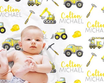 Manta personalizada con nombre de construcción, manta para bebé niño con diseño de camión excavadora.