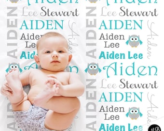 Manta de búho personalizada para bebé: manta personalizada de búho azul para recién nacidos con animales del bosque