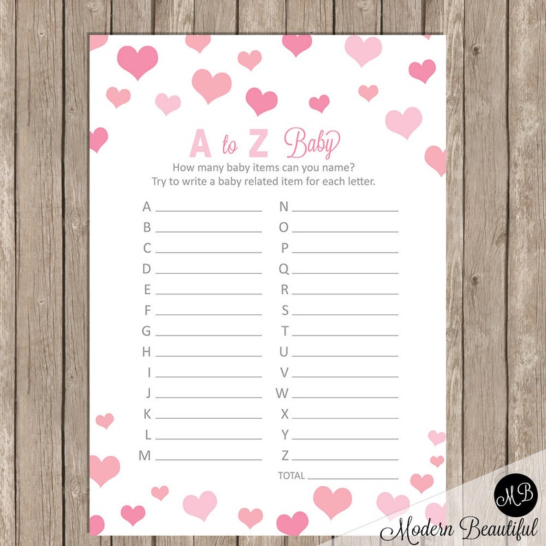 A To Z Baby Shower Game A Z Pink And Hearts Baby Shower Etsy A To Z Baby Shower Game A Z Pink And Hearts Baby Shower Etsy