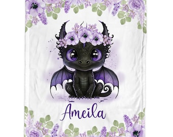 Dragon baby girls name blanket, purple personalized dragons swaddle blanket, newborn floral dragon baby gift with name flowers dragon