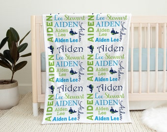 Whale baby blanket, newborn personalized whale swaddle name blanket, whale boy baby gift, lime and navy ocean animal blanket