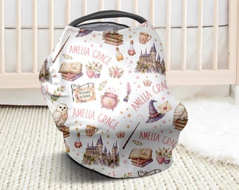 Pink magic wizard baby car seat cover, newborn carrier cover with name, personalized girls wizard school theme gift