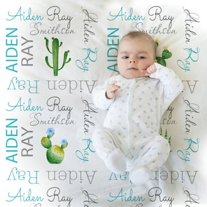 Cactus baby blanket, personalized cactus blanket with name, newborn cactus baby gift, baby boy or girl, desert cactus baby (CHOOSE COLORS)