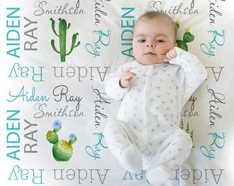 Cactus baby blanket, personalized cactus blanket with name, newborn cactus baby gift, baby boy or girl, desert cactus baby (CHOOSE COLORS)
